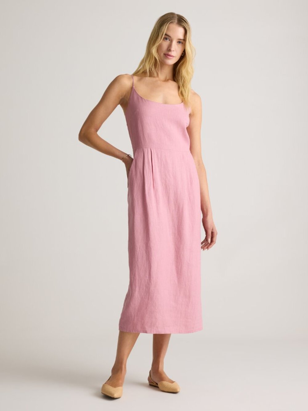 100% European Linen Scoop Neck Midi Dress